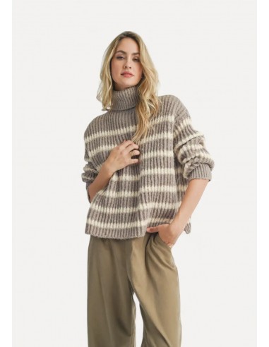 AKI Turtle Neck Striped Sweater - Moss Ivory paiement sécurisé