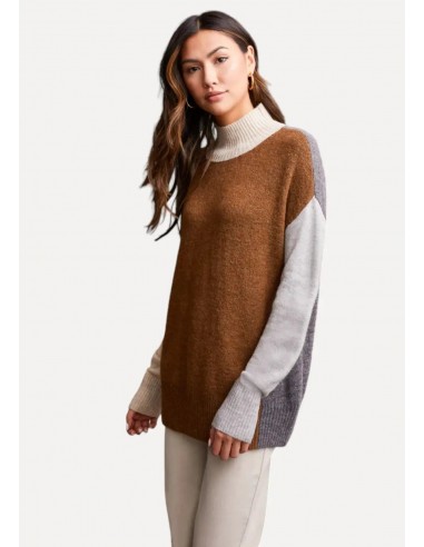 Joelle Mock Neck Color Block Sweater - Walnut en linge