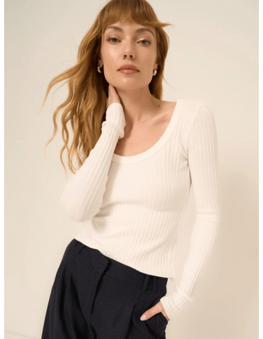 "What's the Scoop" Washed Rib Longsleeve Top - XS - White Paris Déstockage Promo