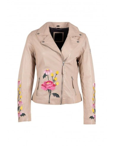 Peonie Floral Moto Leather Jacket - Light Beige ou a consommer sur place